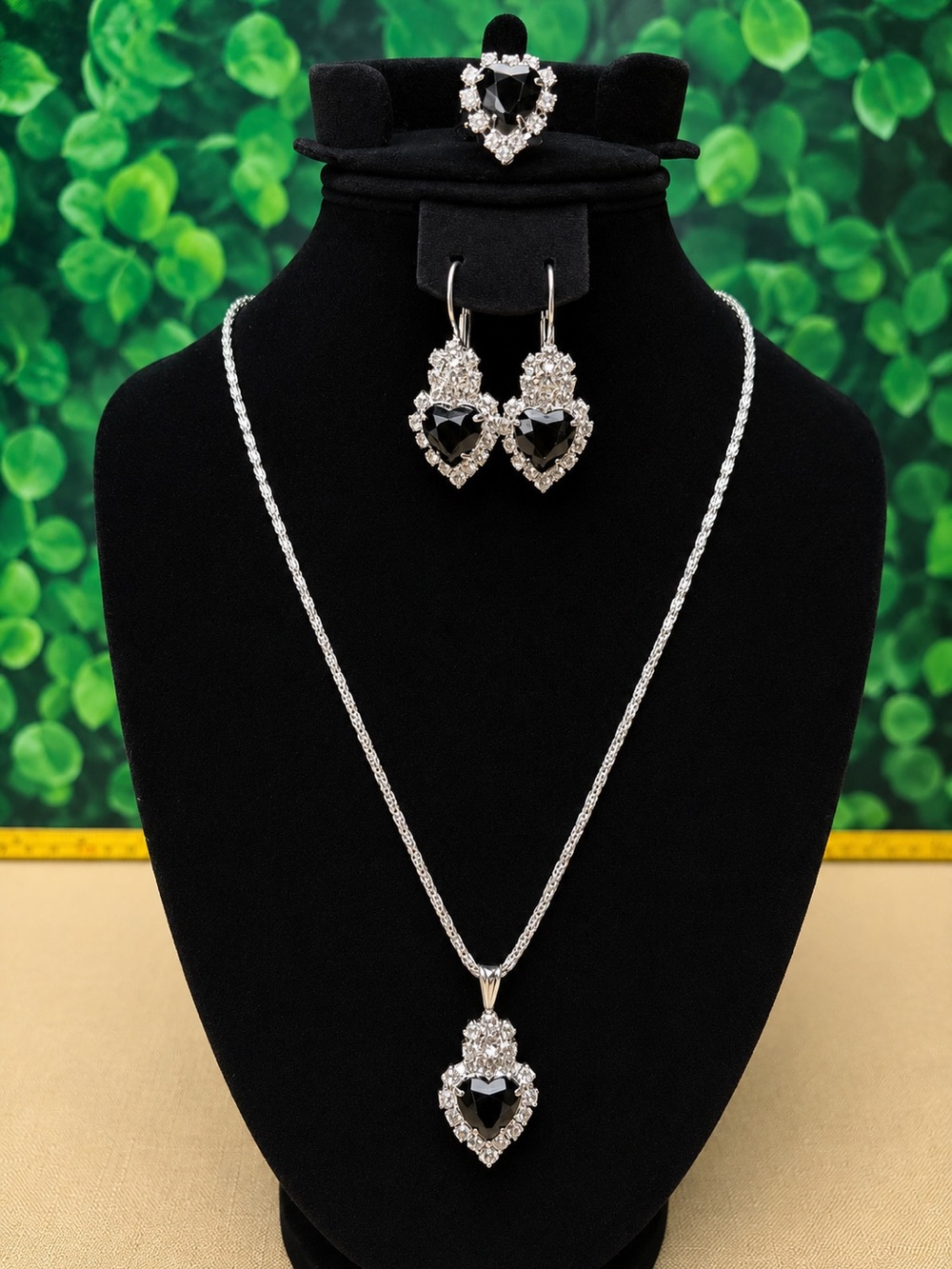 Silver and Black Heart Crystal Necklace & Earring Set